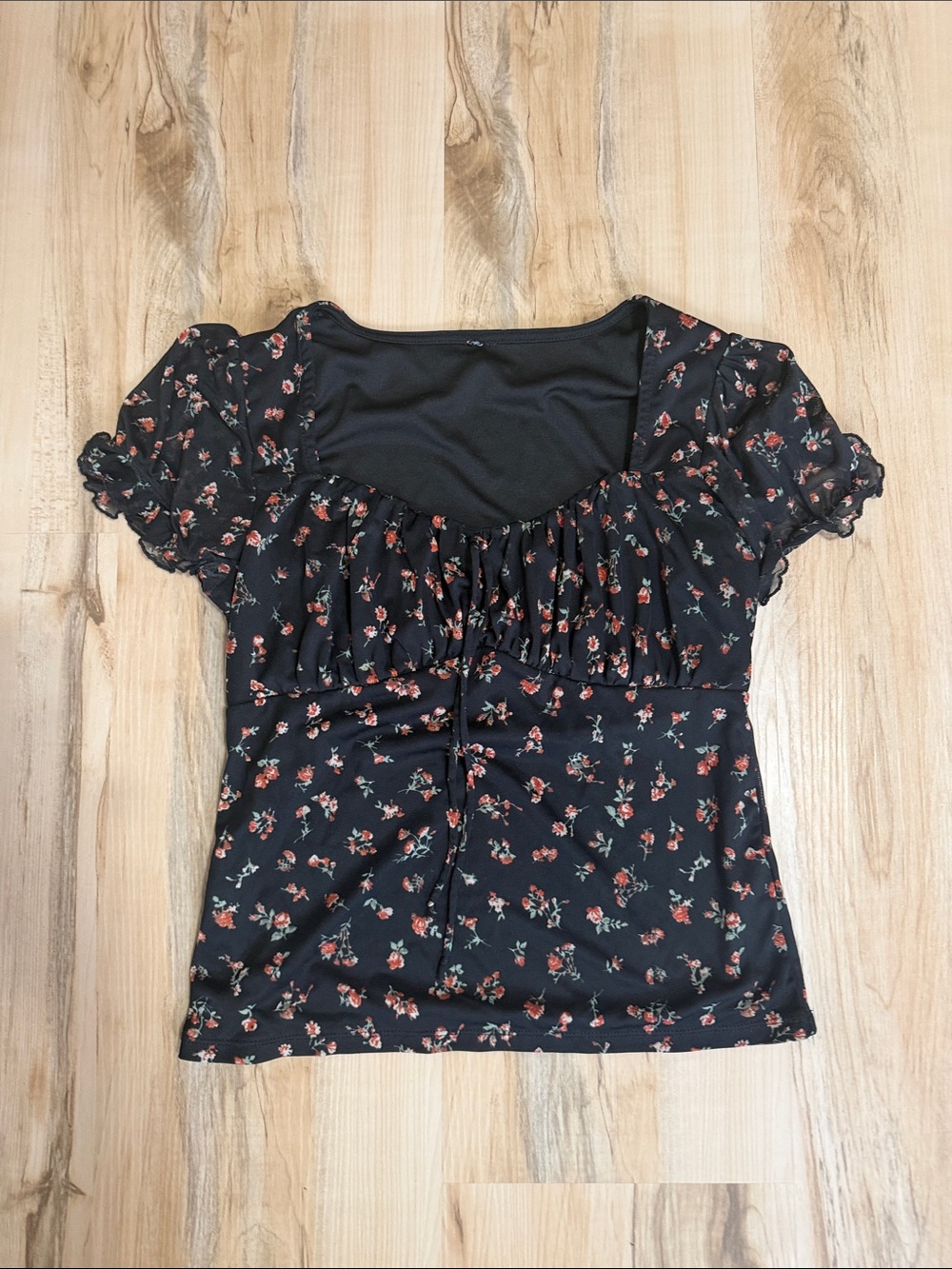 Black Floral Puff-Sleeve Top - Black with Red Floral